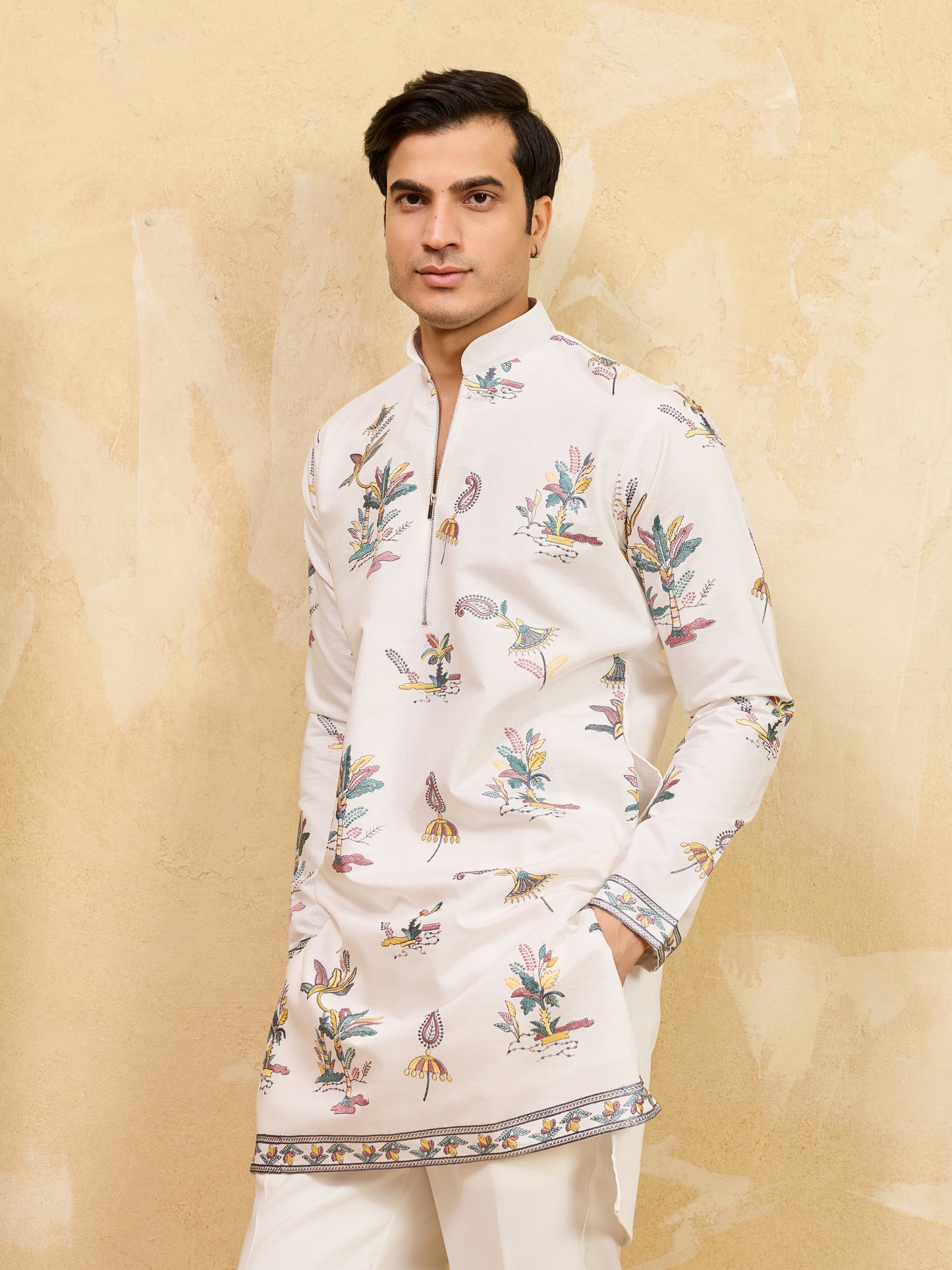 Royal Ivory White Botanical Printed Kurta for Men – Premium Festive Designer Wear
