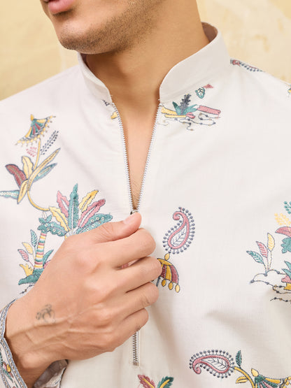 Royal Ivory White Botanical Printed Kurta for Men – Premium Festive Designer Wear