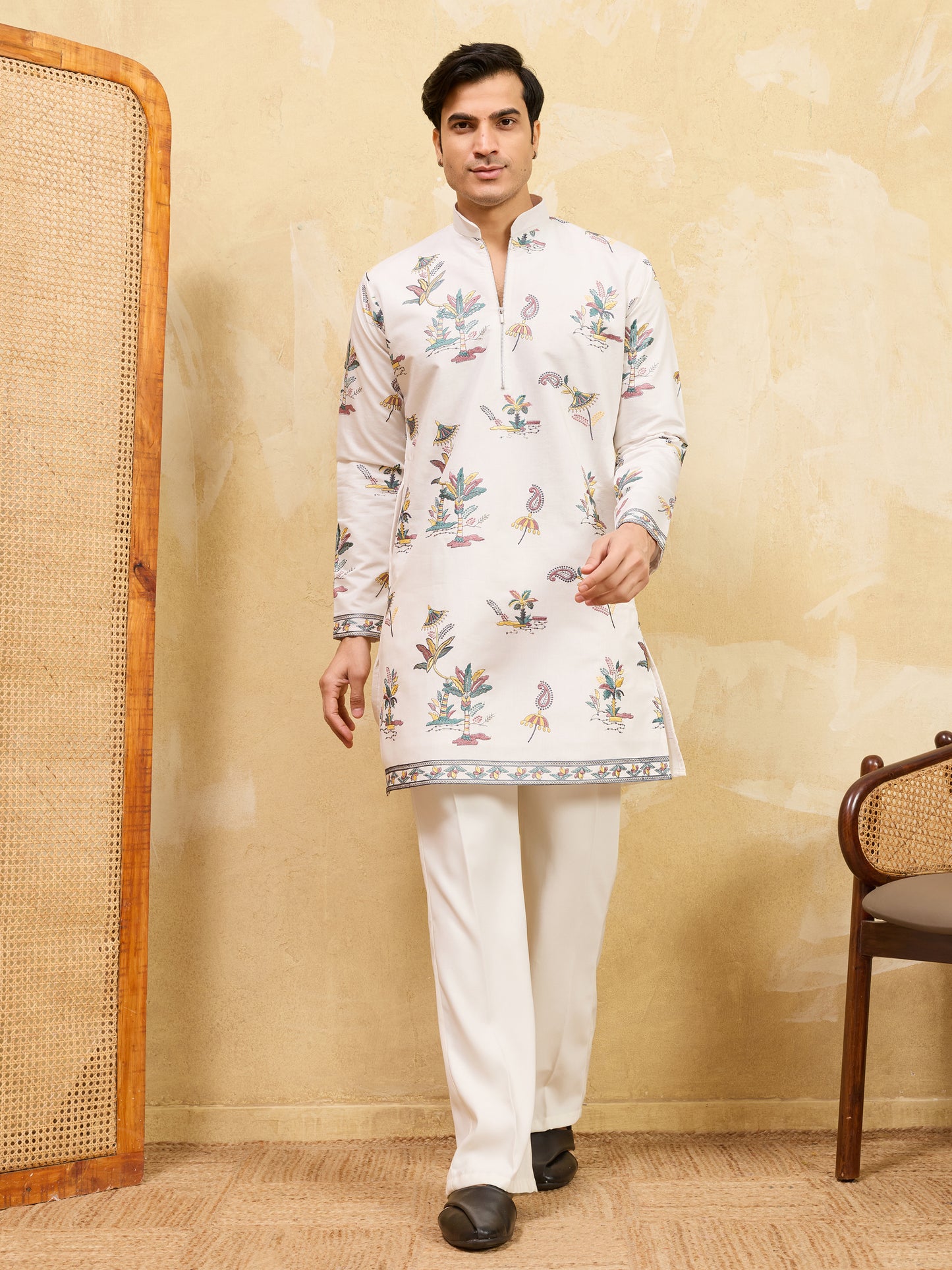 Royal Ivory White Botanical Printed Kurta for Men – Premium Festive Designer Wear