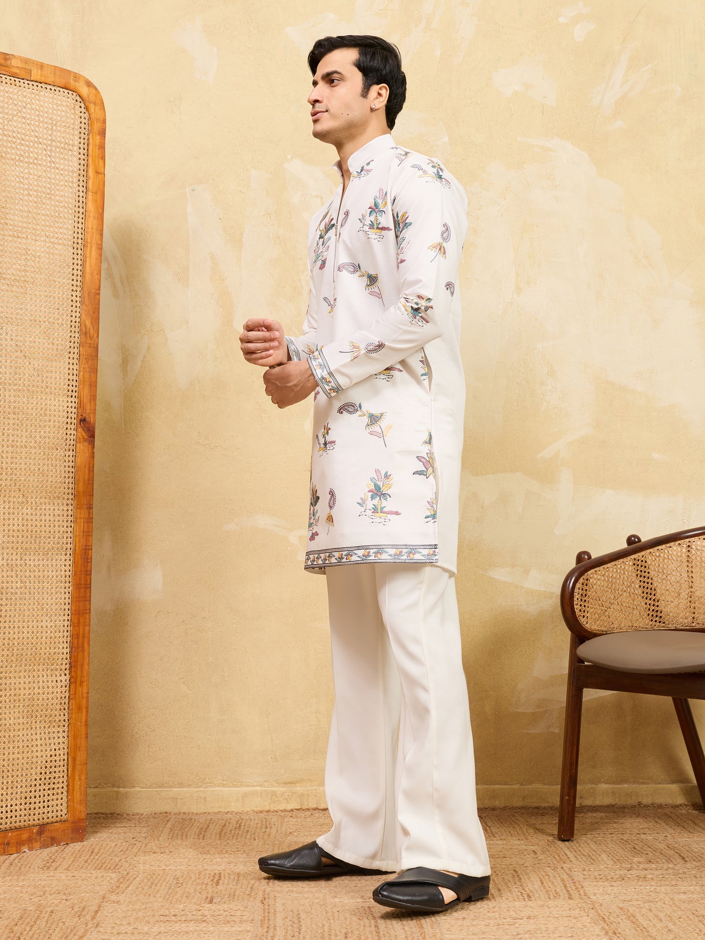 Royal Ivory White Botanical Printed Kurta for Men – Premium Festive Designer Wear
