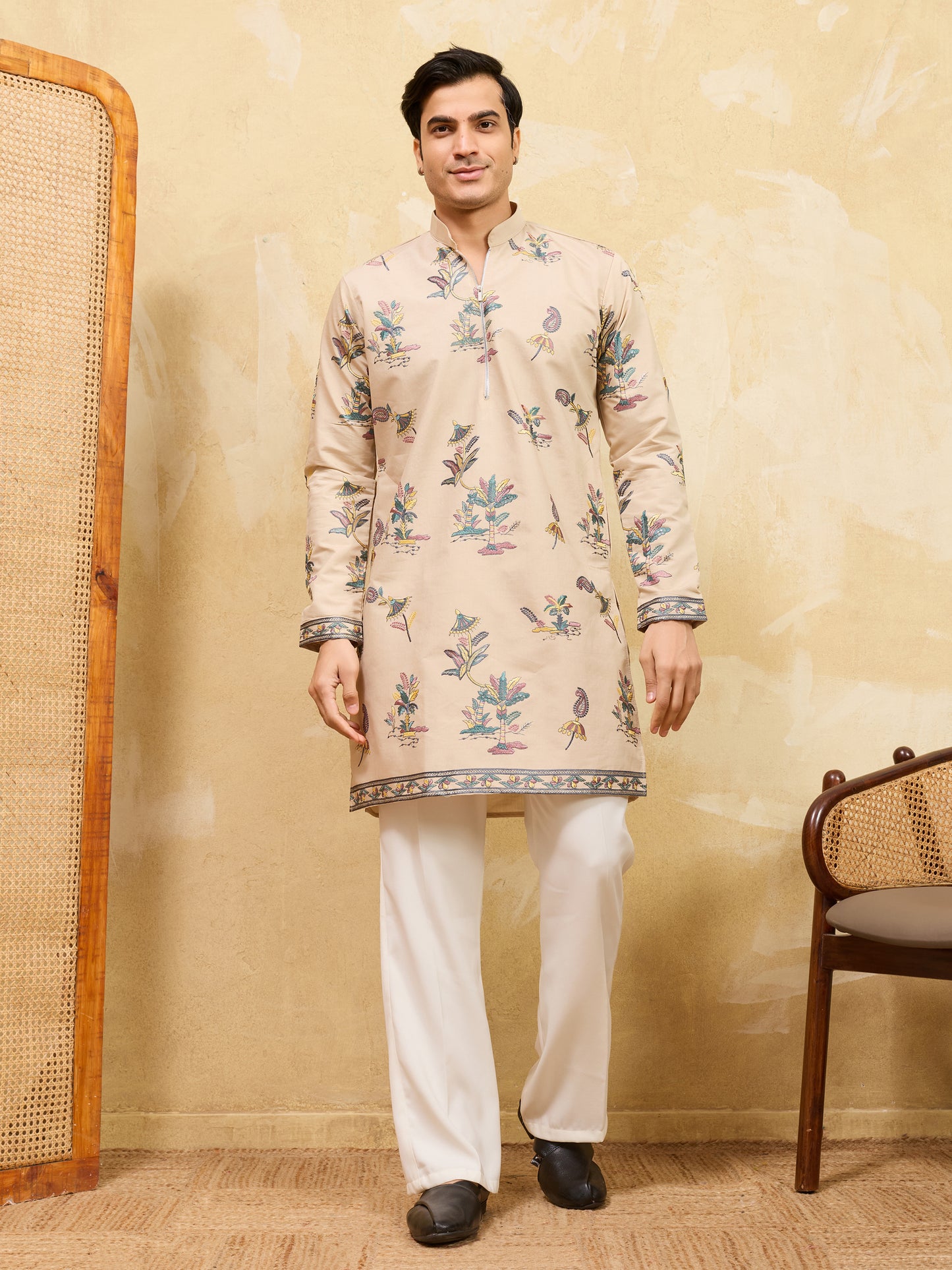 Royal Sand Beige Botanical Printed Kurta for Men – Premium Designer Festive Wear