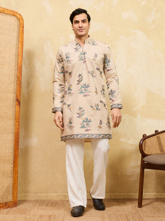 Royal Sand Beige Botanical Printed Kurta for Men – Premium Designer Festive Wear