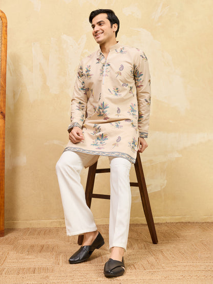 Royal Sand Beige Botanical Printed Kurta for Men – Premium Designer Festive Wear