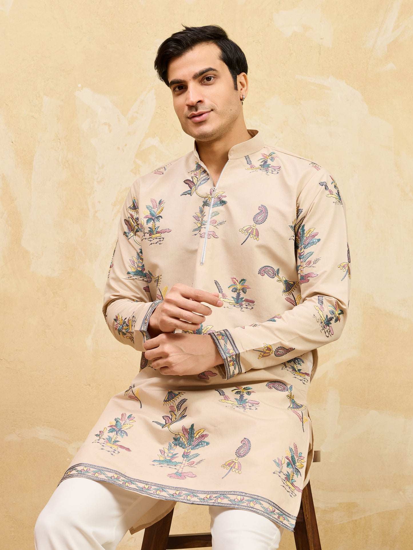 Royal Sand Beige Botanical Printed Kurta for Men – Premium Designer Festive Wear