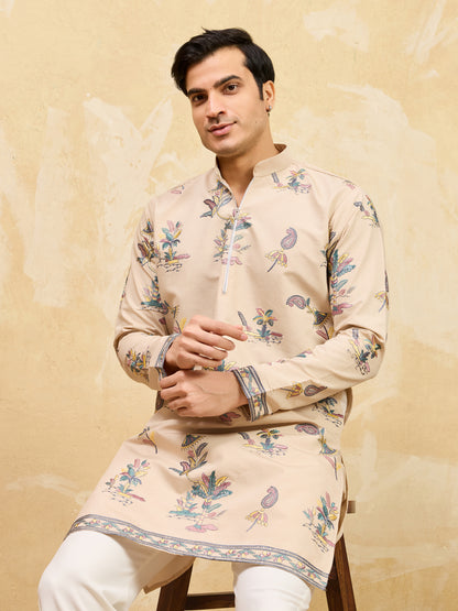 Royal Sand Beige Botanical Printed Kurta for Men – Premium Designer Festive Wear