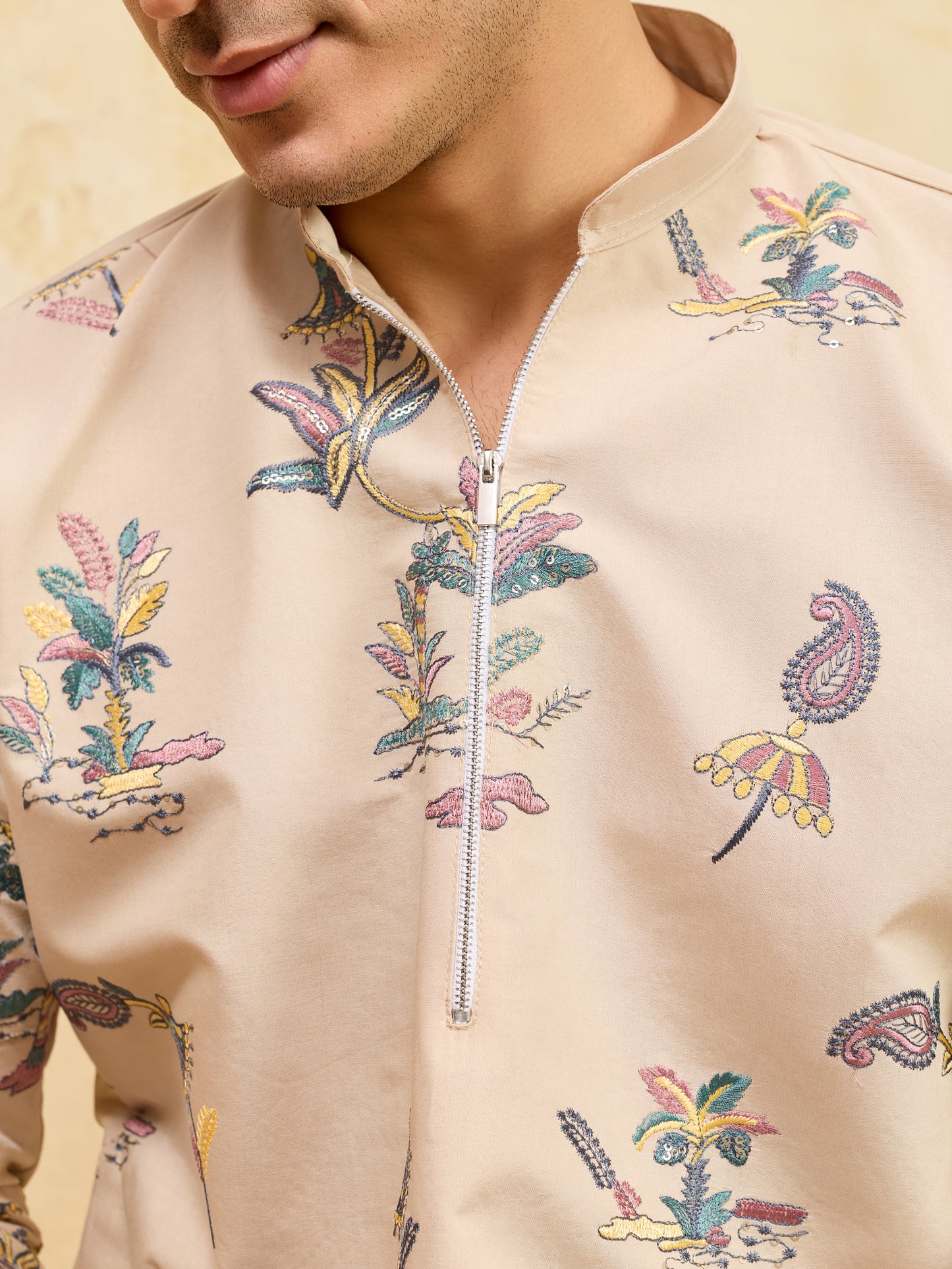 Royal Sand Beige Botanical Printed Kurta for Men – Premium Designer Festive Wear