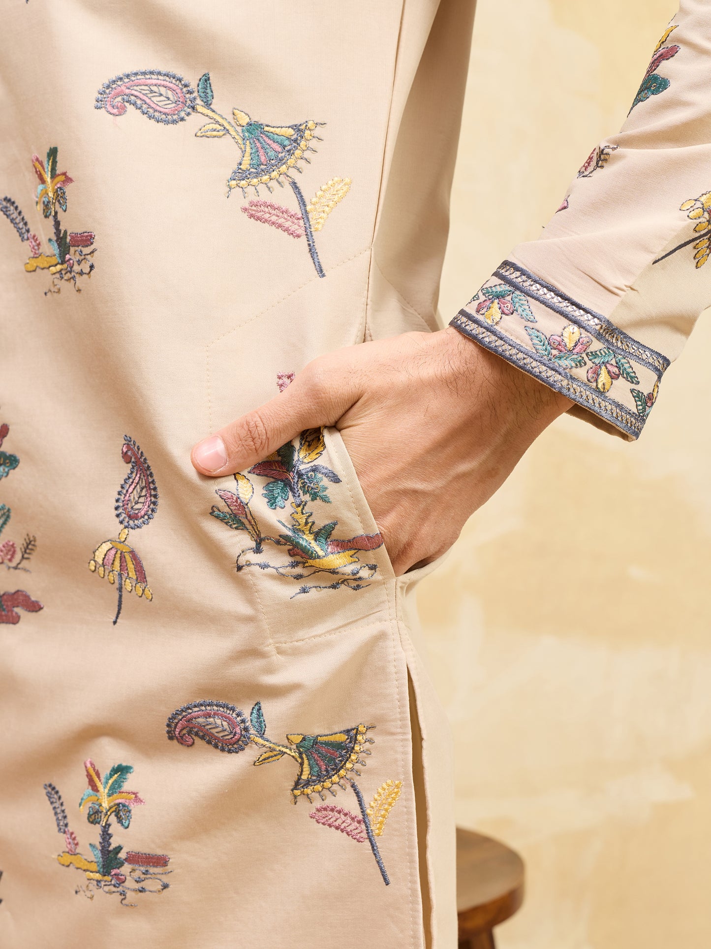 Royal Sand Beige Botanical Printed Kurta for Men – Premium Designer Festive Wear