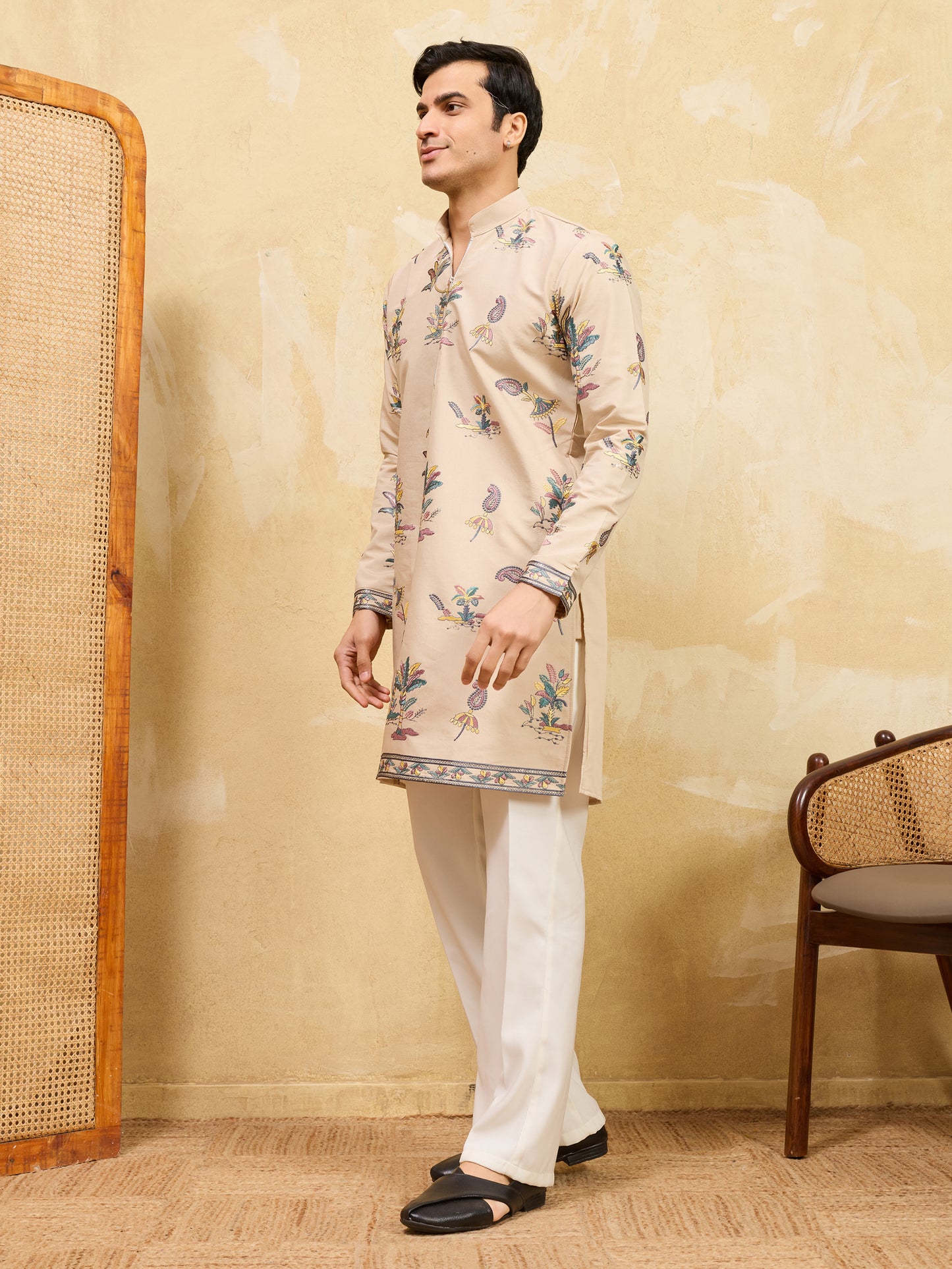 Royal Sand Beige Botanical Printed Kurta for Men – Premium Designer Festive Wear