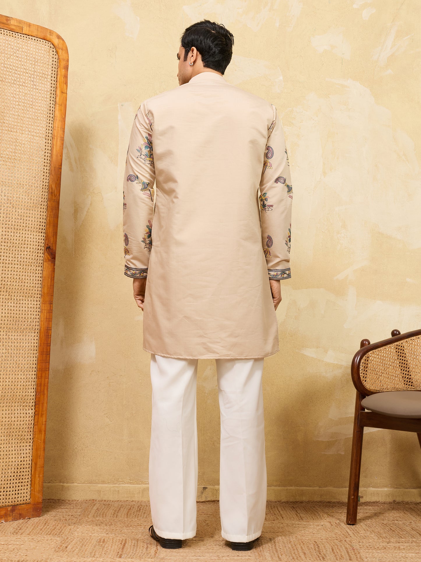 Royal Sand Beige Botanical Printed Kurta for Men – Premium Designer Festive Wear
