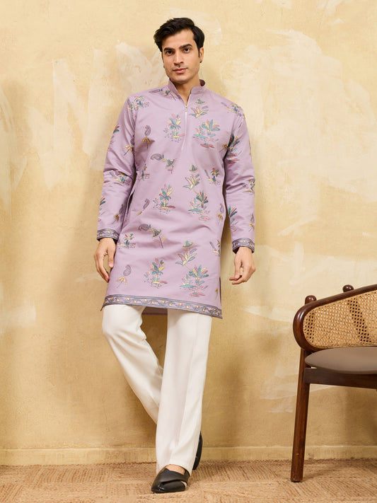 Royal Dusty Purple Botanical Printed Kurta for Men – Premium Designer Festive Wear