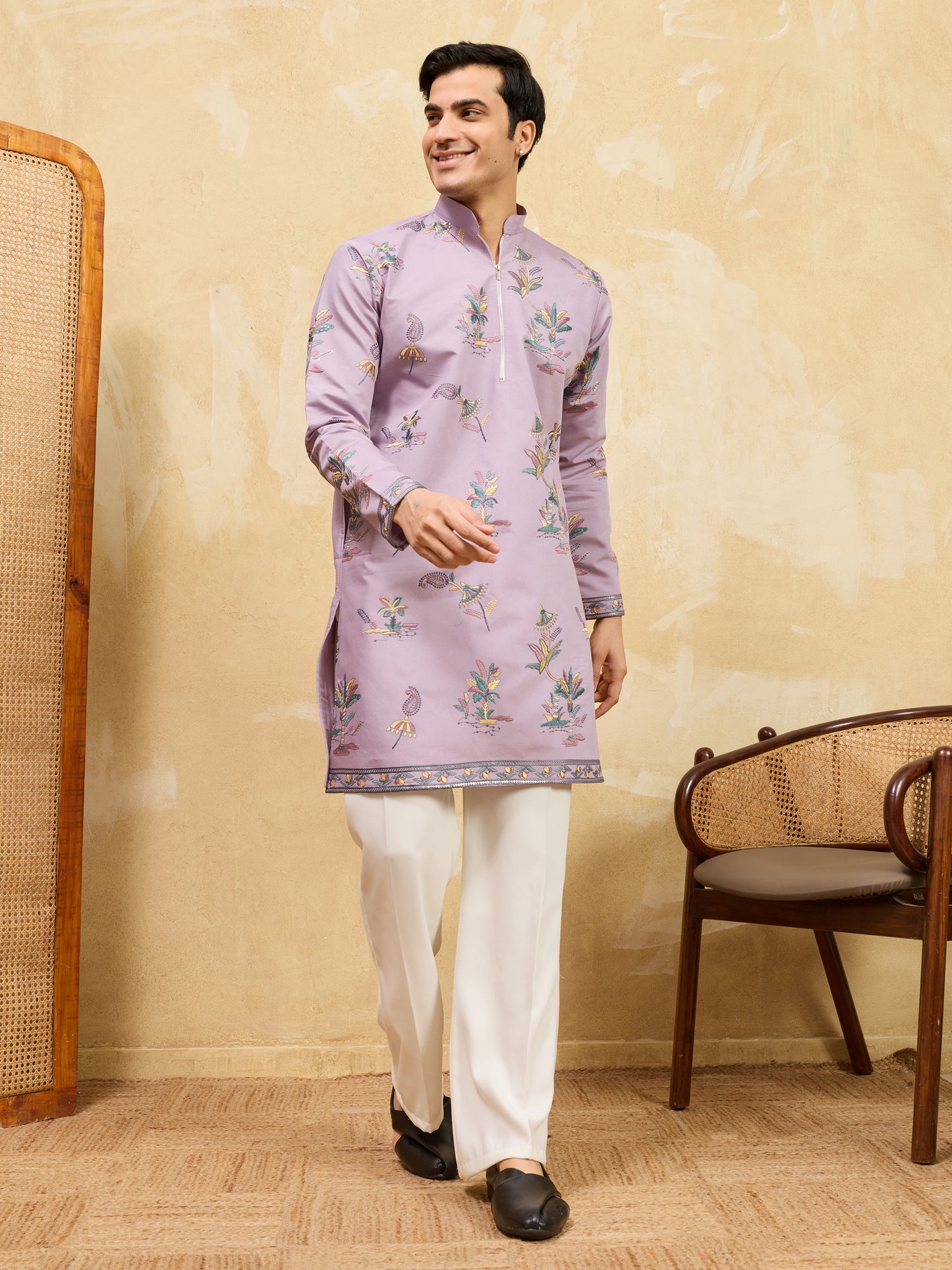 Royal Dusty Purple Botanical Printed Kurta for Men – Premium Designer Festive Wear