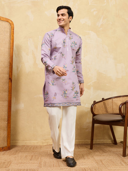 Royal Dusty Purple Botanical Printed Kurta for Men – Premium Designer Festive Wear