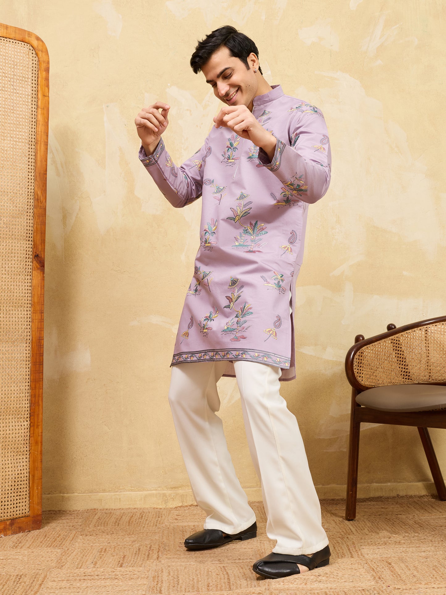 Royal Dusty Purple Botanical Printed Kurta for Men – Premium Designer Festive Wear