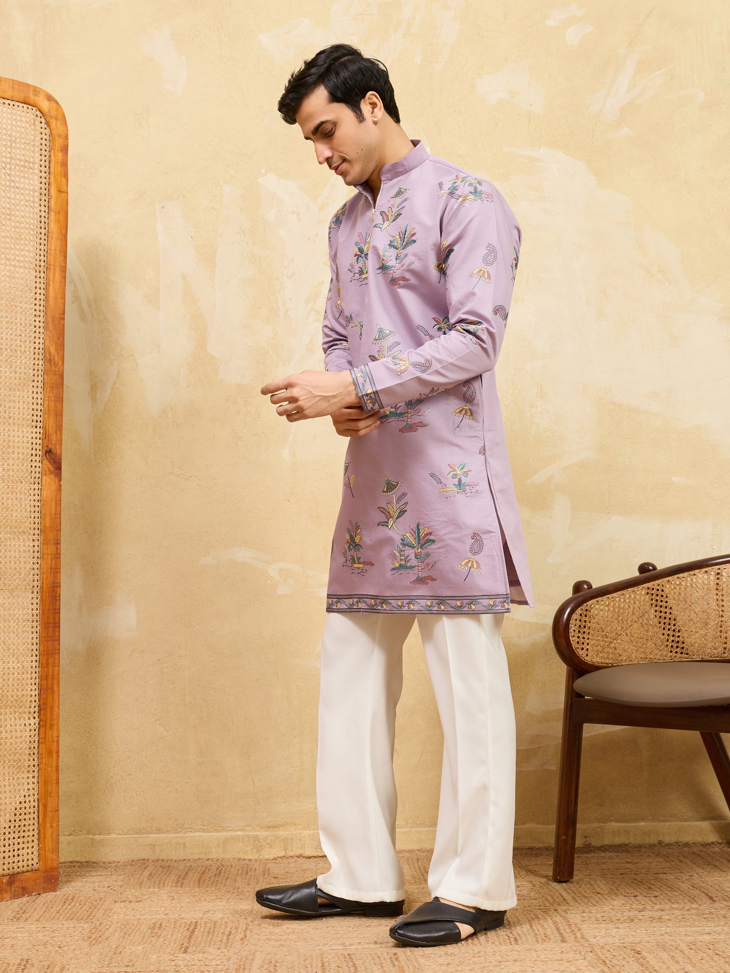 Royal Dusty Purple Botanical Printed Kurta for Men – Premium Designer Festive Wear