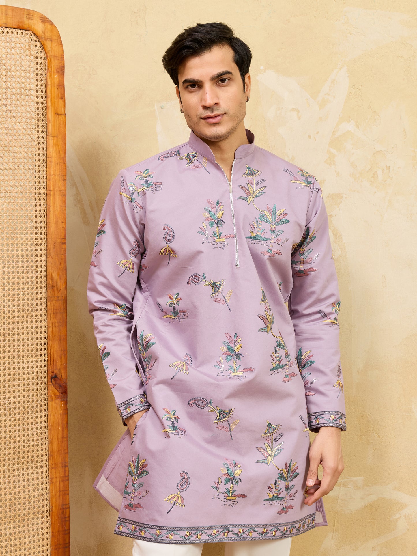Royal Dusty Purple Botanical Printed Kurta for Men – Premium Designer Festive Wear