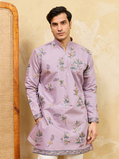 Royal Dusty Purple Botanical Printed Kurta for Men – Premium Designer Festive Wear