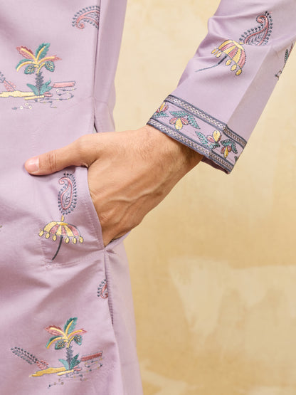 Royal Dusty Purple Botanical Printed Kurta for Men – Premium Designer Festive Wear