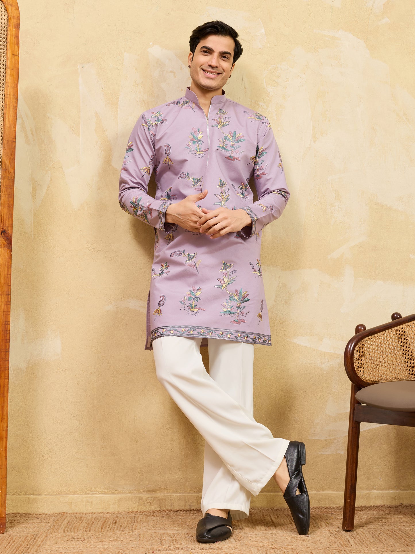 Royal Dusty Purple Botanical Printed Kurta for Men – Premium Designer Festive Wear