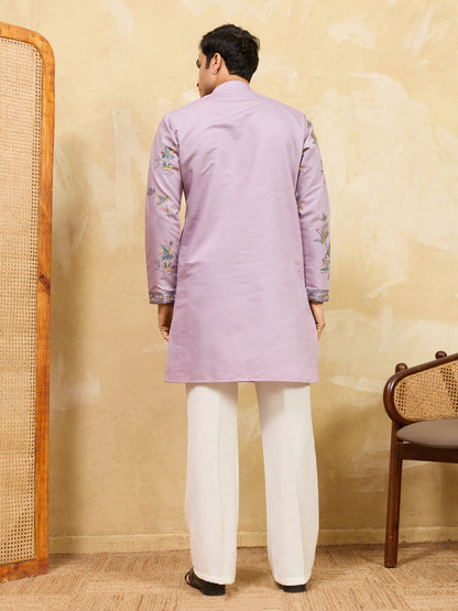 Royal Dusty Purple Botanical Printed Kurta for Men – Premium Designer Festive Wear