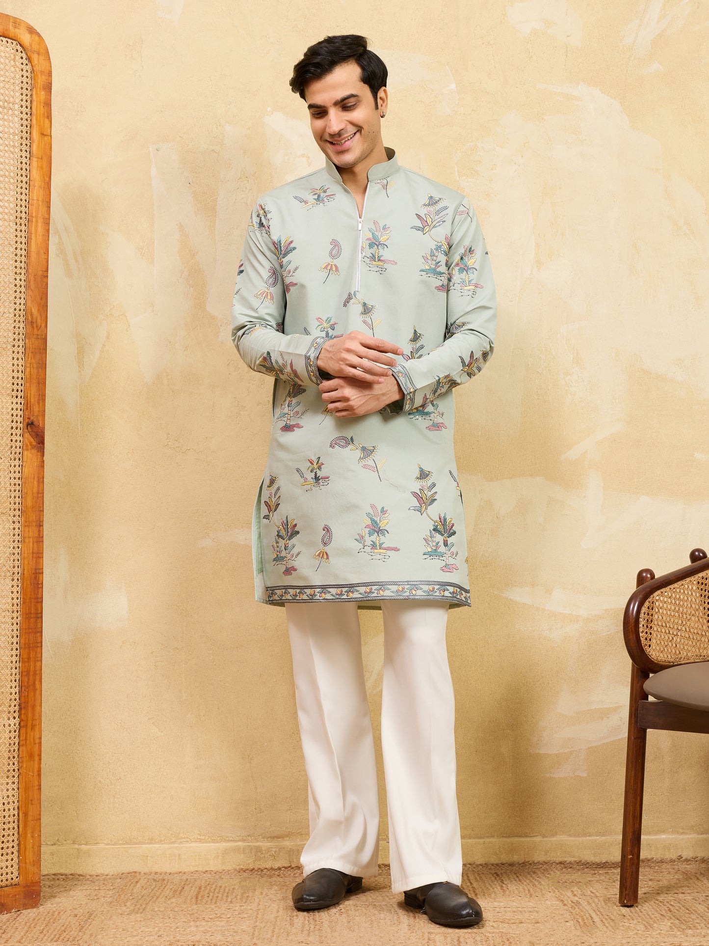 Elegant Pista Green Floral Printed Kurta for Men with Designer Border Detailing