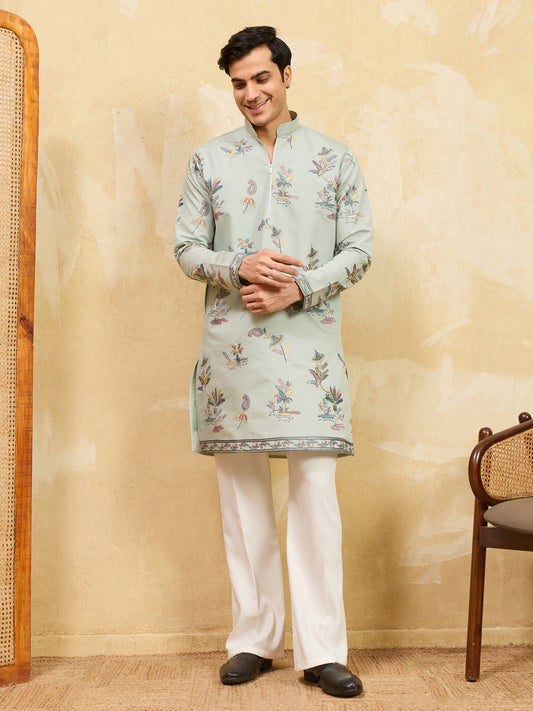 Elegant Pista Green Floral Printed Kurta for Men with Designer Border Detailing