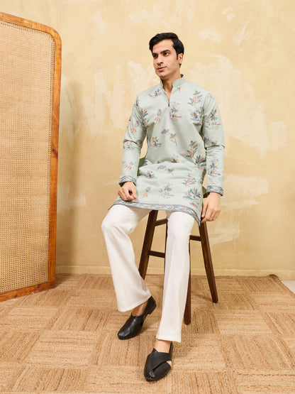 Elegant Pista Green Floral Printed Kurta for Men with Designer Border Detailing
