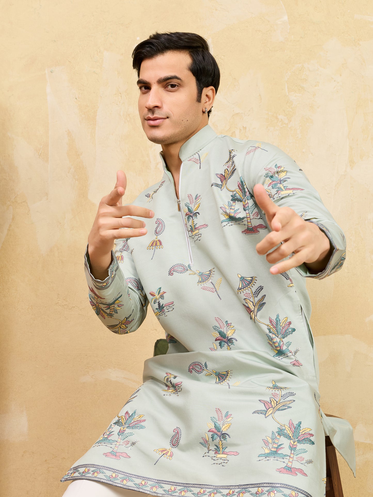 Elegant Pista Green Floral Printed Kurta for Men with Designer Border Detailing