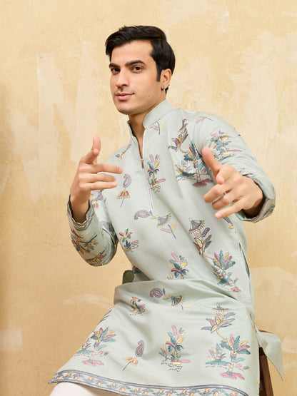 Elegant Pista Green Floral Printed Kurta for Men with Designer Border Detailing