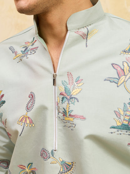 Elegant Pista Green Floral Printed Kurta for Men with Designer Border Detailing