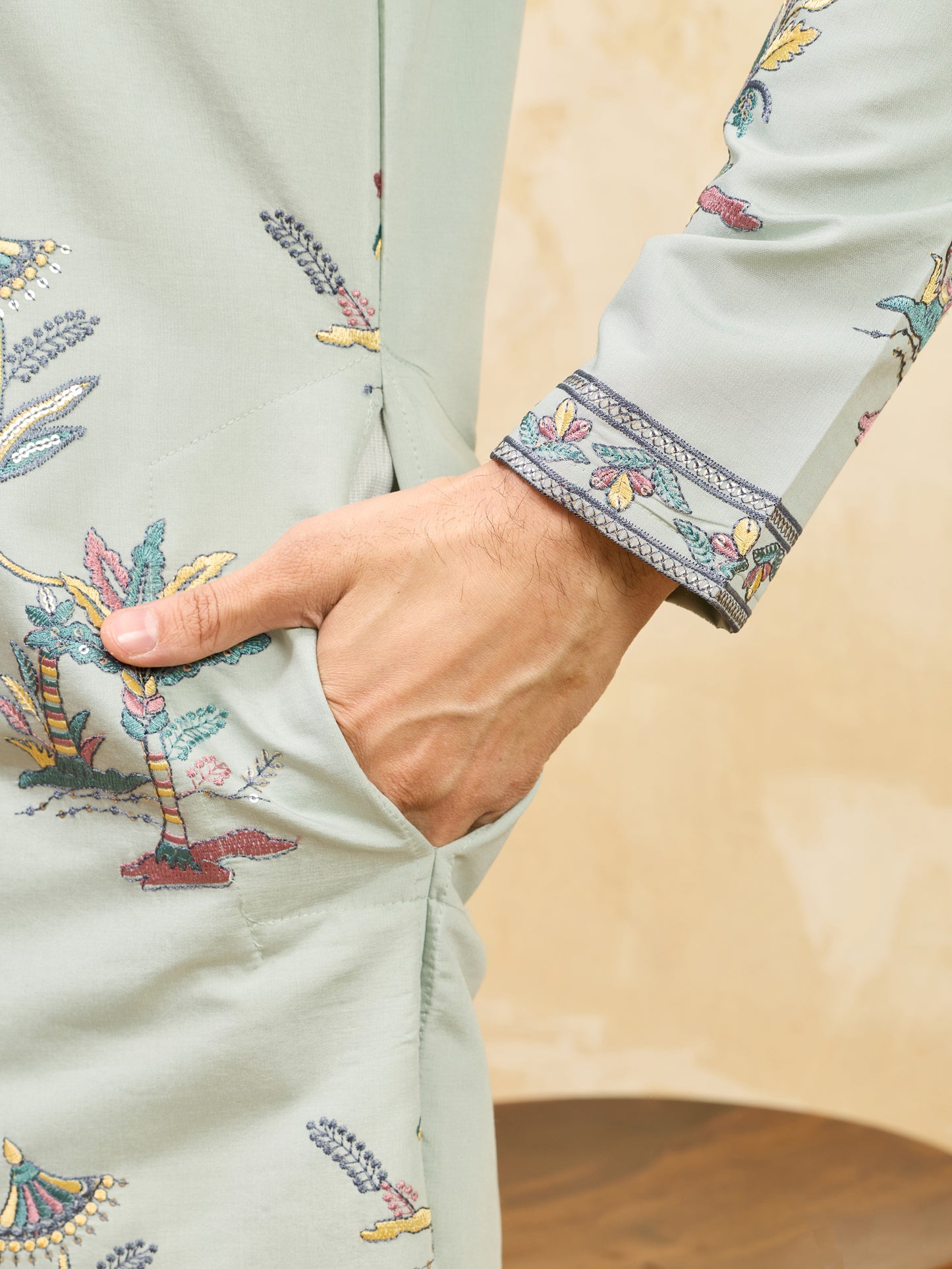 Elegant Pista Green Floral Printed Kurta for Men with Designer Border Detailing