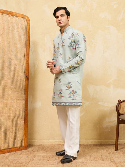 Elegant Pista Green Floral Printed Kurta for Men with Designer Border Detailing