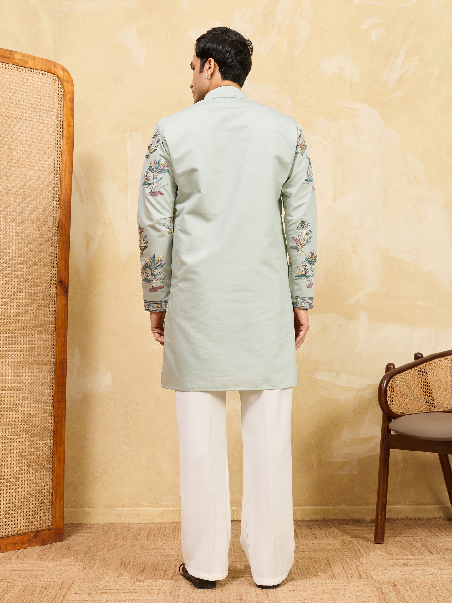 Elegant Pista Green Floral Printed Kurta for Men with Designer Border Detailing