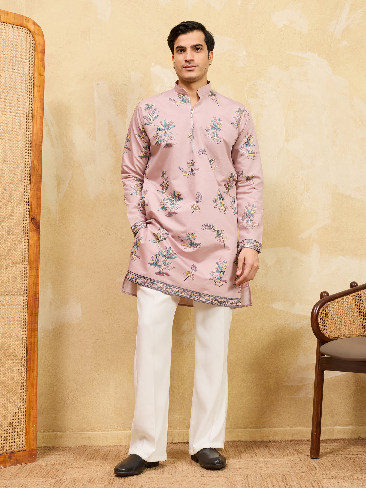 Royal Blush Pink Botanical Printed Designer Kurta for Men with Zip Neck Detailing