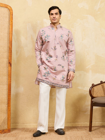 Royal Blush Pink Botanical Printed Designer Kurta for Men with Zip Neck Detailing