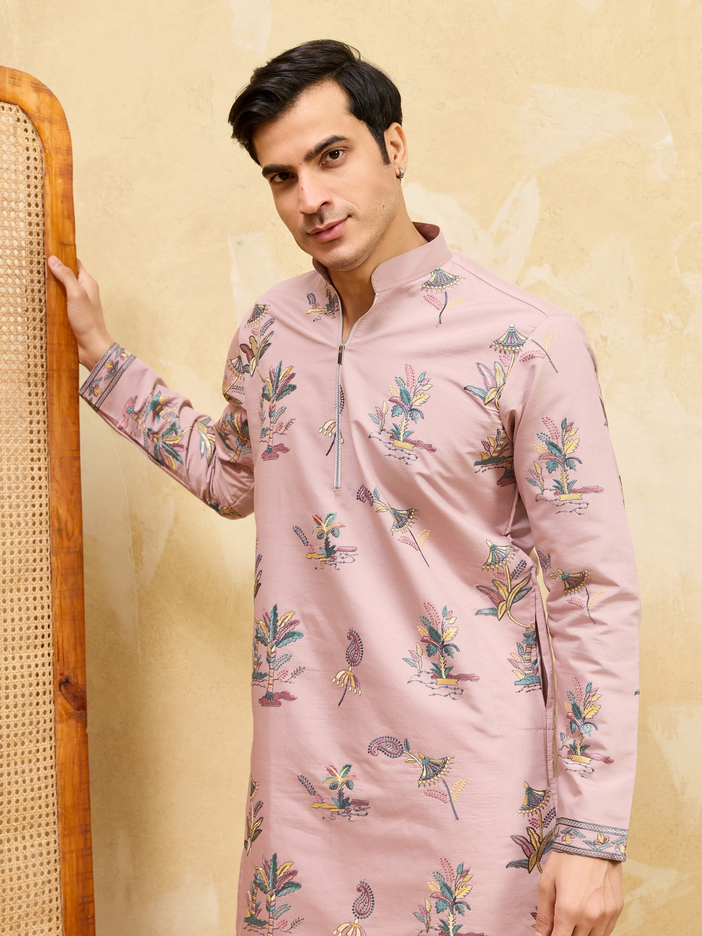 Royal Blush Pink Botanical Printed Designer Kurta for Men with Zip Neck Detailing