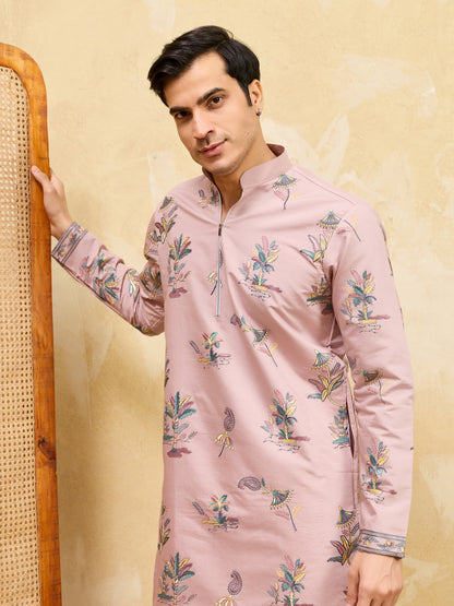 Royal Blush Pink Botanical Printed Designer Kurta for Men with Zip Neck Detailing