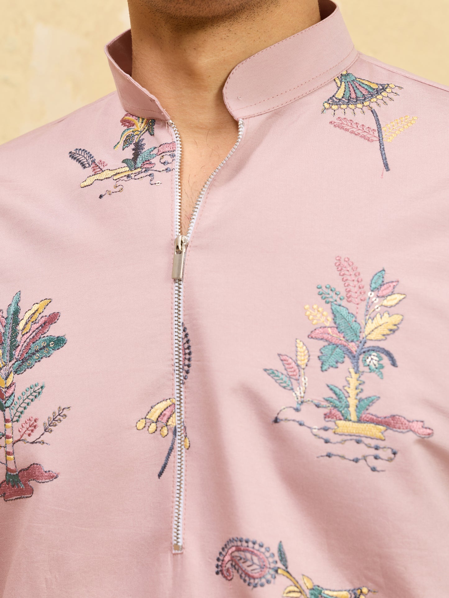 Royal Blush Pink Botanical Printed Designer Kurta for Men with Zip Neck Detailing