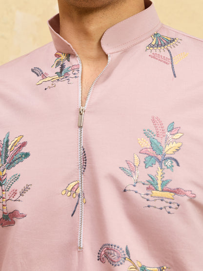 Royal Blush Pink Botanical Printed Designer Kurta for Men with Zip Neck Detailing