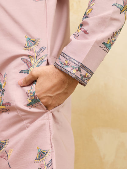 Royal Blush Pink Botanical Printed Designer Kurta for Men with Zip Neck Detailing