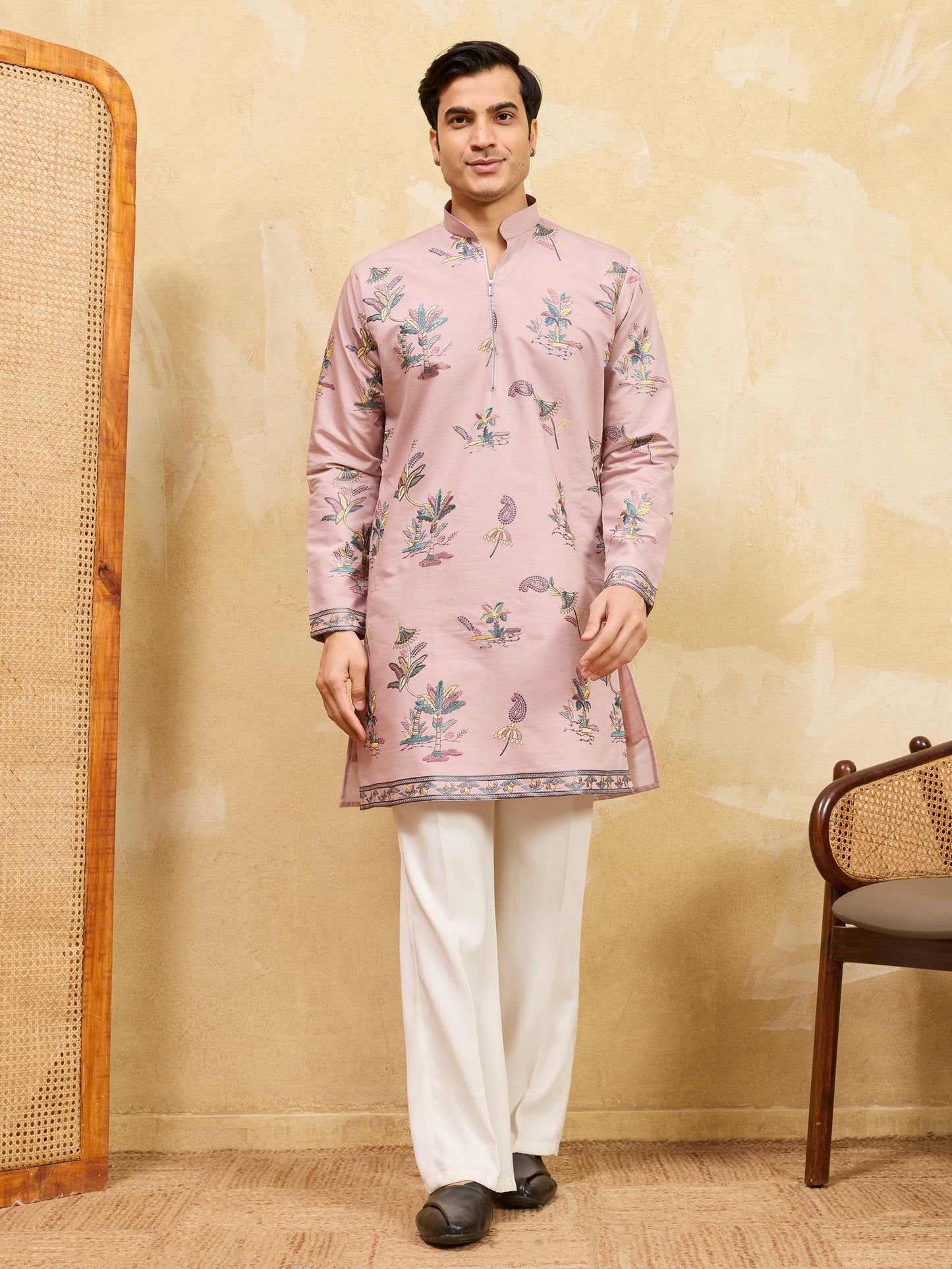 Royal Blush Pink Botanical Printed Designer Kurta for Men with Zip Neck Detailing