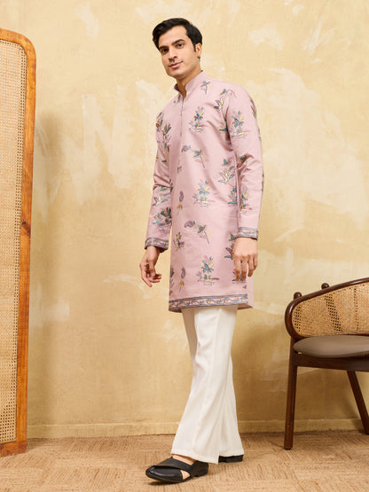 Royal Blush Pink Botanical Printed Designer Kurta for Men with Zip Neck Detailing