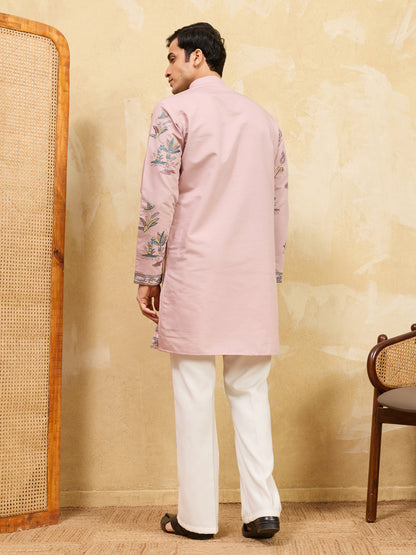 Royal Blush Pink Botanical Printed Designer Kurta for Men with Zip Neck Detailing