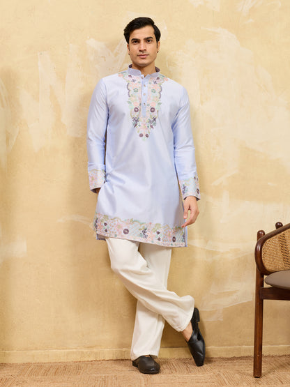 Men’s Sky Blue Floral Embroidered Kurta – Elegant Ethnic Wear