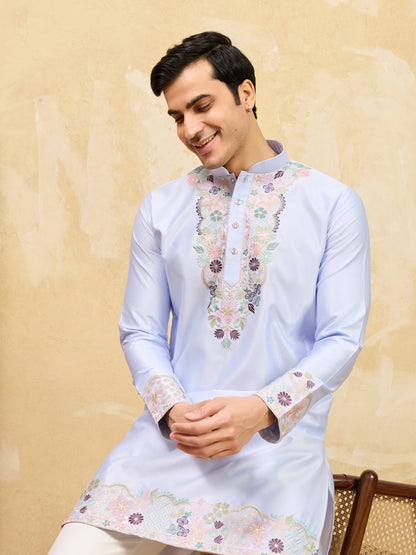 Men’s Sky Blue Floral Embroidered Kurta – Elegant Ethnic Wear