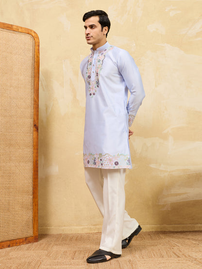 Men’s Sky Blue Floral Embroidered Kurta – Elegant Ethnic Wear