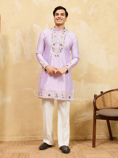 Lavender Embroidered Premium Kurta for Men – Festive & Traditional Wear