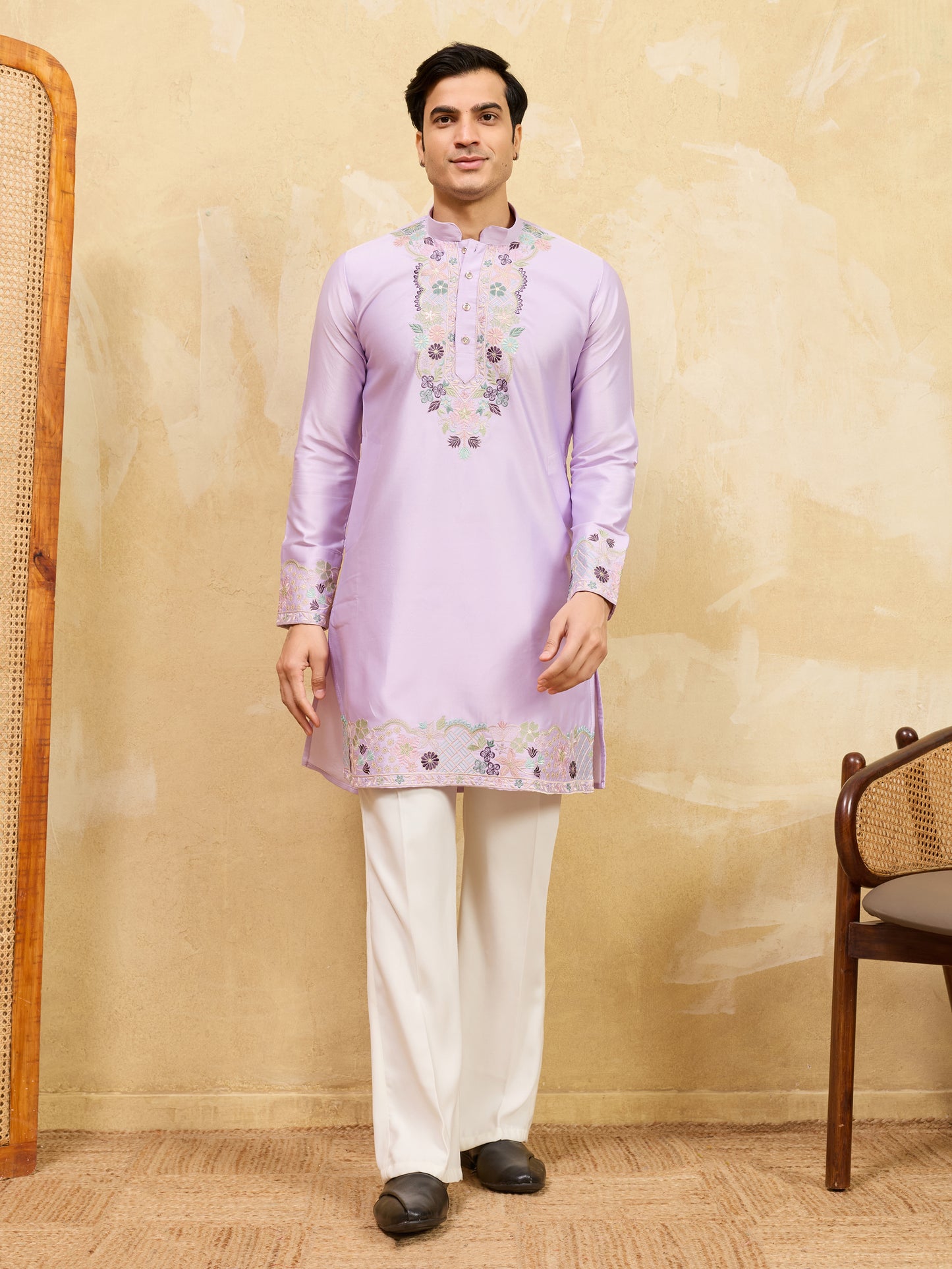 Lavender Embroidered Premium Kurta for Men – Festive & Traditional Wear