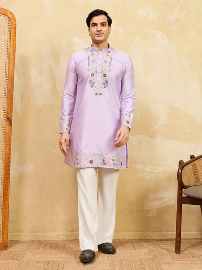 Lavender Embroidered Premium Kurta for Men – Festive & Traditional Wear