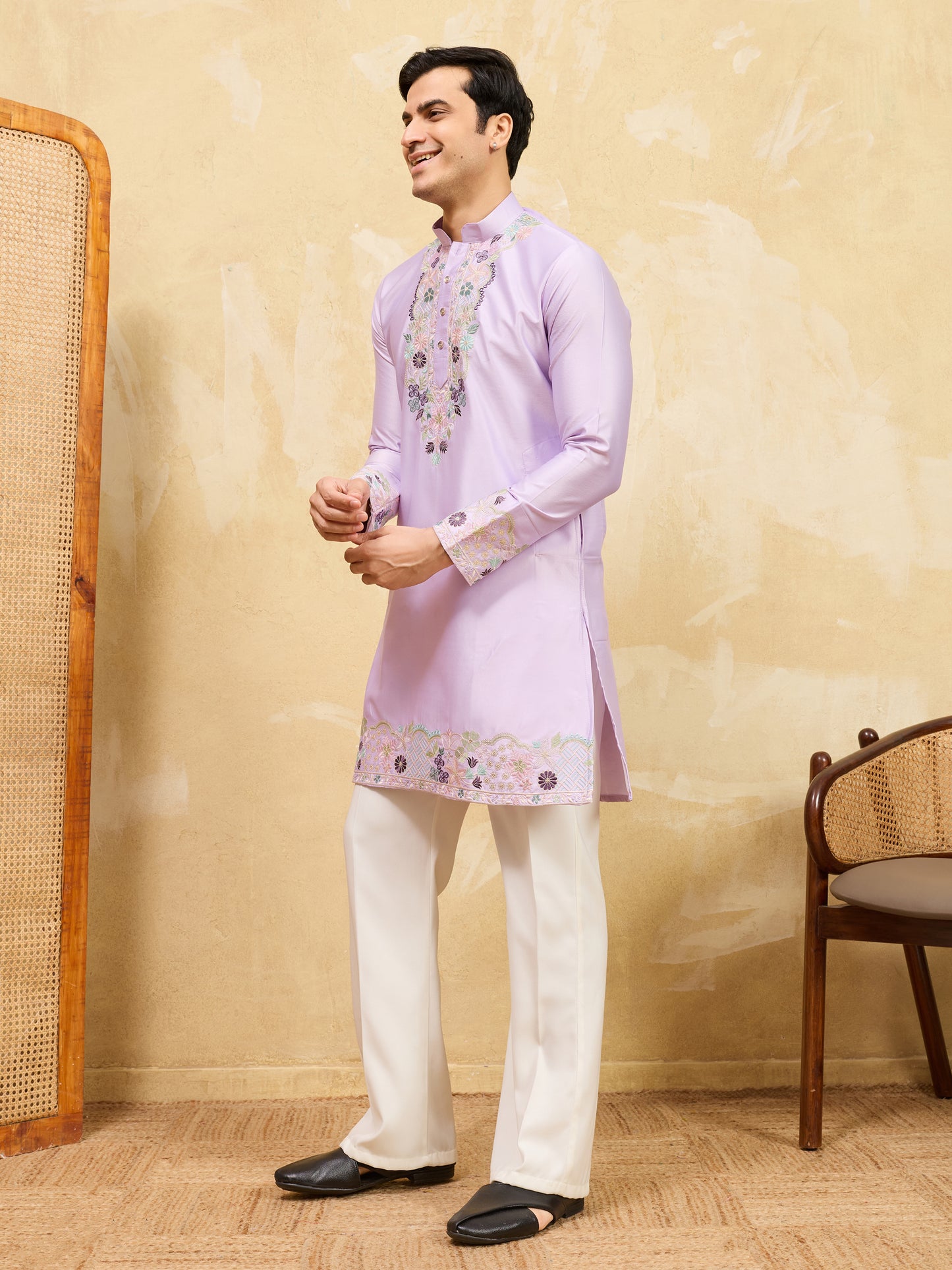 Lavender Embroidered Premium Kurta for Men – Festive & Traditional Wear