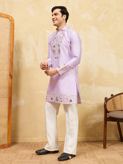 Lavender Embroidered Premium Kurta for Men – Festive & Traditional Wear